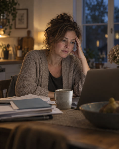 A tired woman working late at her kitchen table